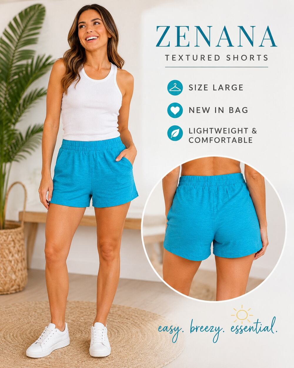 Zenana Aqua Textured Lounge Shorts Elastic Waist Pockets Size large NIB